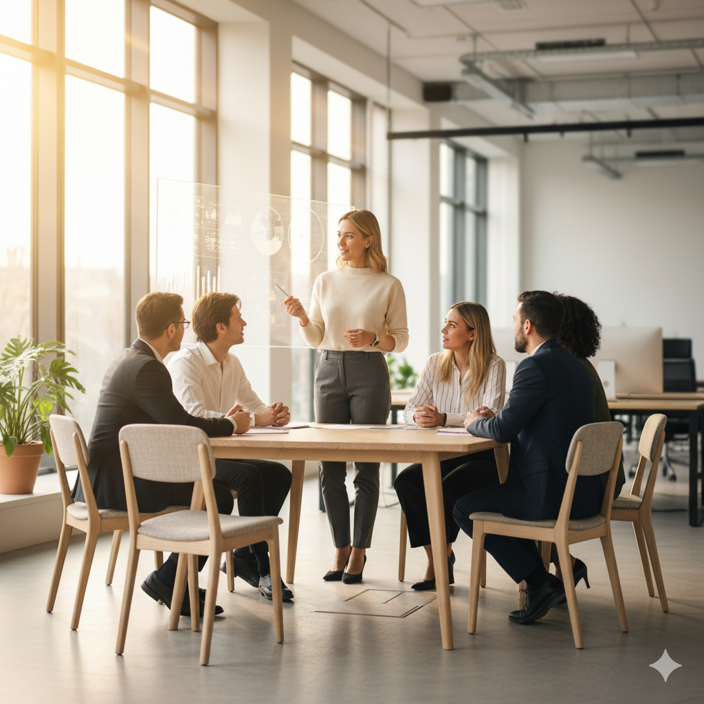 Leadership team meeting in modern office space with natural light